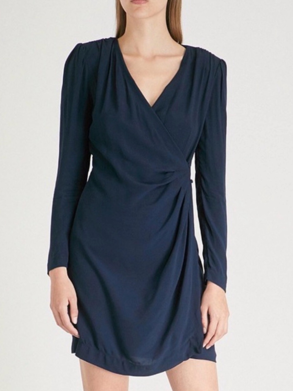 Maje Renie V-neck long-sleeve wrap dress navy blue crepe viscose sz 1 (small)